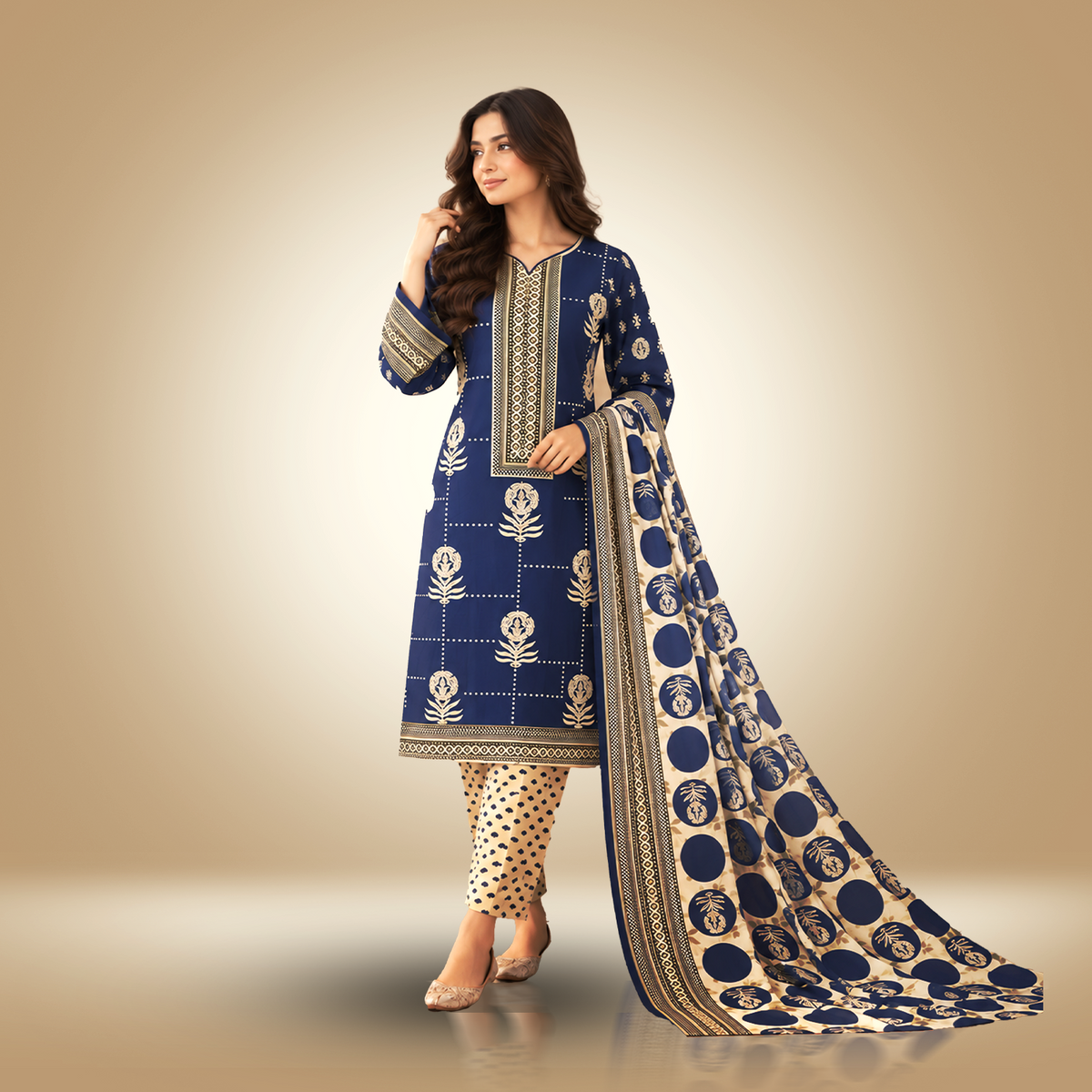 ROYAL INDIGO - 3 Piece Printed Cambric Suit