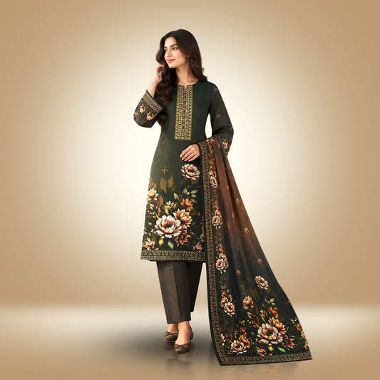 OLIVE BLOOM - 3 Piece Printed Bana Dora Linen Suit